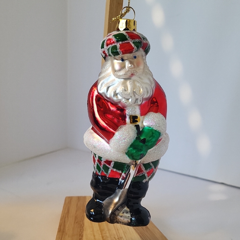 The Brass Key Golfing Santa Claus Ornament Hand Blown Glass